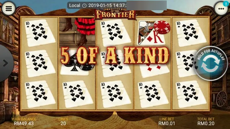 Heart of the Frontier reels full of nine and ten of spades cards with a large 5 OF A KIND banner across the middle