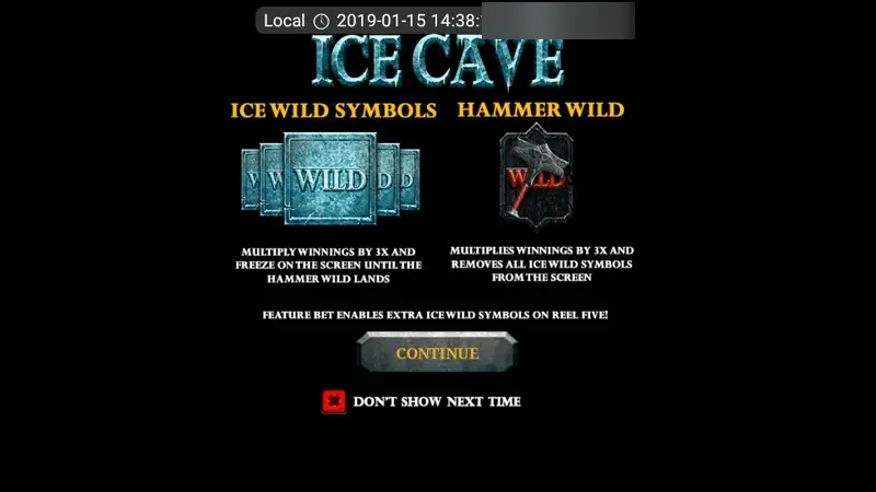 Ice Cave intro screen: Ice Wild symbols multiply winnings by 3x and freeze until the Hammer Wild lands; Hammer Wild multiplies by 3x and removes all Ice Wilds; Feature Bet enables extra Ice Wild symbols on reel five