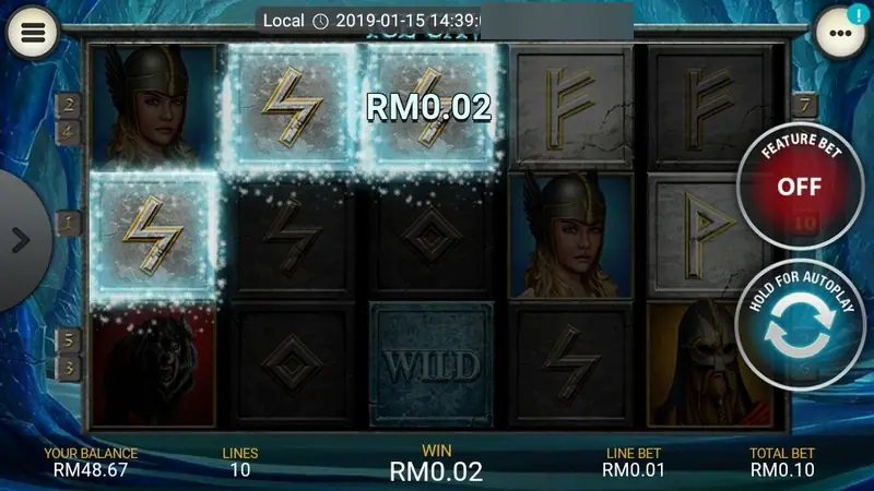Ice Cave with three icy frozen tiles on the left reels and RM0.02 shown on one of them and in the WIN box