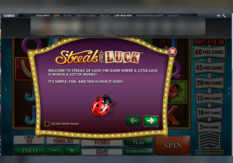 Streak of Luck welcome pop-up with the logo and a ladybird, arrows to page through the rules and a DO NOT SHOW AGAIN box