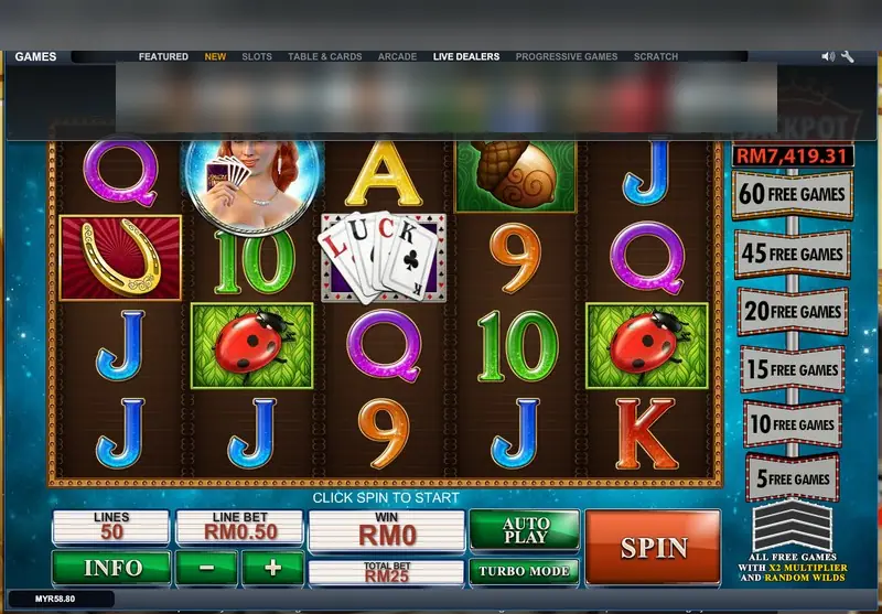 Streak of Luck base game with 50 lines, line bet RM0.50 and total bet RM25, jackpot RM7,419.31