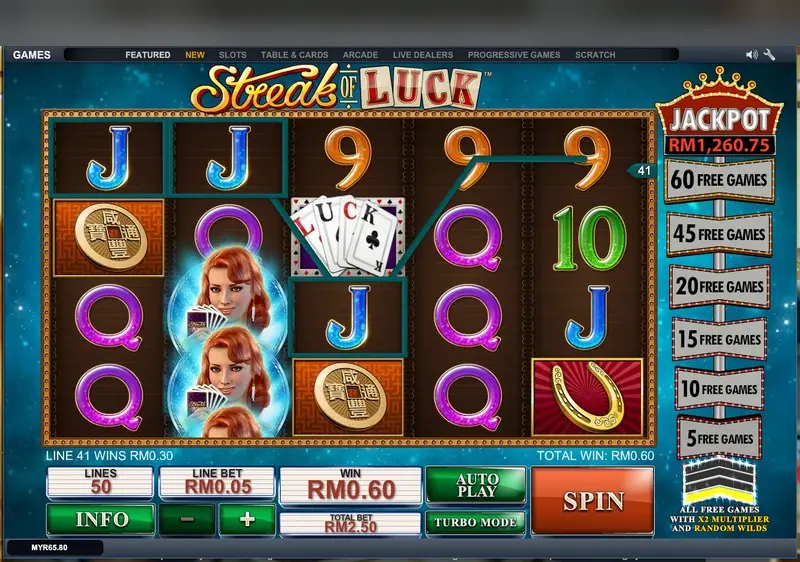 Streak of Luck reels with two Lady Luck wilds on reel one, coins, horseshoes and a LUCK card fan, total win RM0.60