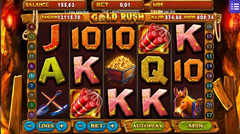 Gold Rush reels framed by mine timbers and oil lamps, with dynamite, a gold cart, a donkey and crossed pick and shovel, RANDOM 12115.79 at the top