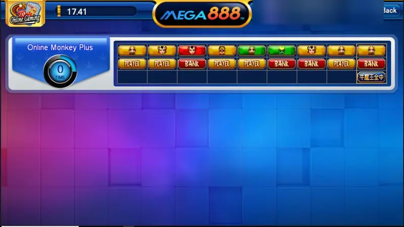Mega888 lobby with the Online Monkey Plus table, a coloured history strip of past results and the username blurred