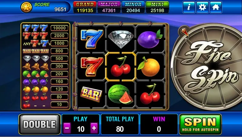Fire Spin on Play8oy, a 3x3 grid with a blue 7, a red 7, a BAR, a diamond, a plum, cherries, an orange and a watermelon, the payout list on the left, a Fire Spin wheel on the right, and DOUBLE, PLAY 10 and TOTAL PLAY 80 below