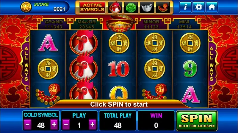 Golden Rooster slot on Play8oy with three red roosters stacked on reel two, gold coins, firecrackers and card ranks, an Active Symbols strip at the top, GRAND, MAJOR, MINOR and MINI above the reels, gold symbol 48, play 1, total play 48