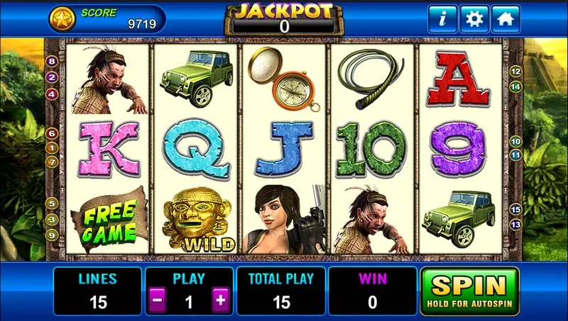 Laura slot on Play8oy with an explorer woman, a tribal warrior, a jeep, a compass, a whip, a gold mask WILD and a FREE GAME sign on a 5x3 grid, JACKPOT box at the top, lines 15, play 1, total play 15