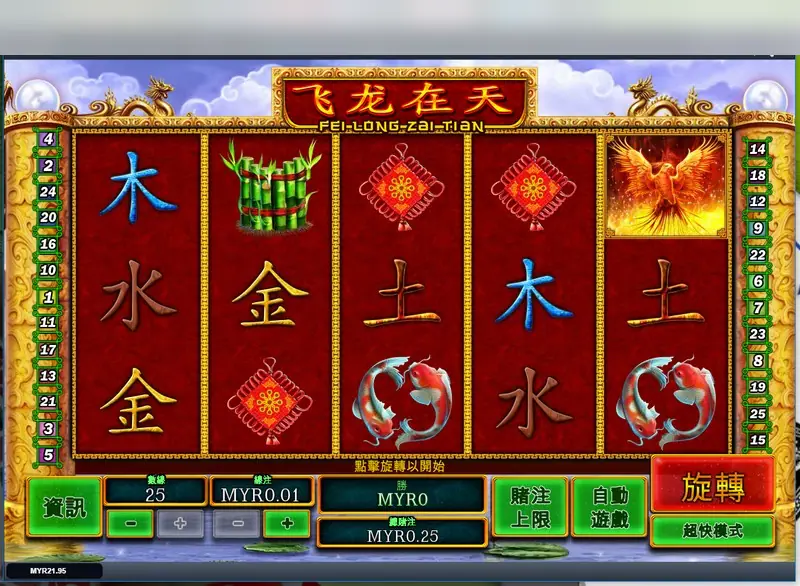 Fei Long Zai Tian reels on red panels with the characters for wood, water, metal and earth, a bamboo bundle, red knots, a koi pair and a fiery phoenix, 25 lines at MYR0.01 for MYR0.25