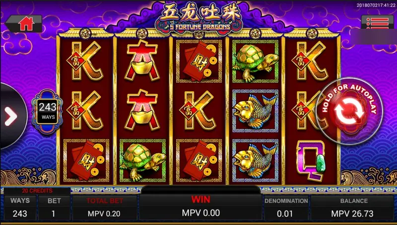 5 Fortune Dragons slot on 243 ways with red K and gold A symbols, green turtles, carp and red envelopes on a purple cloud background, total bet MPV 0.20