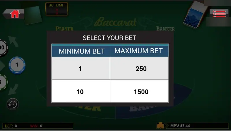 9 Baccarat Select Your Bet pop-up with two table limits, 1 to 250 and 10 to 1500, over a dimmed green table