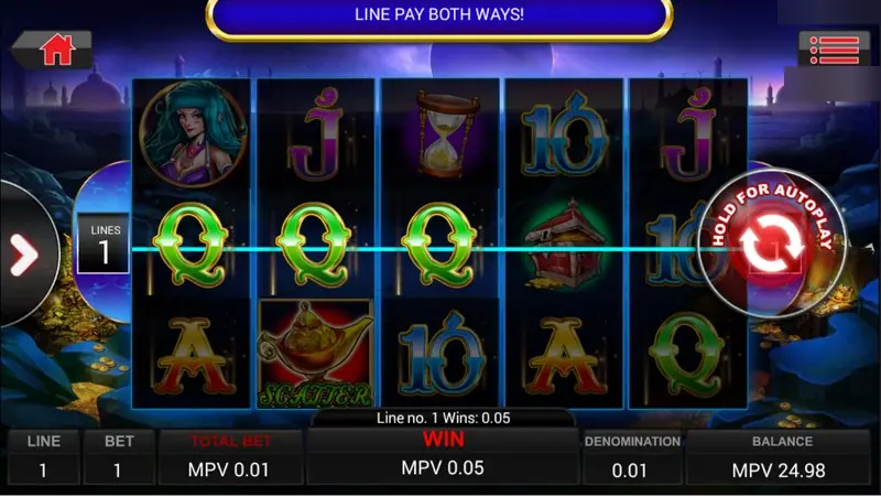 Ali Baba on 1 line with the Line Pay Both Ways banner, three green Q symbols across the middle and a 0.05 win