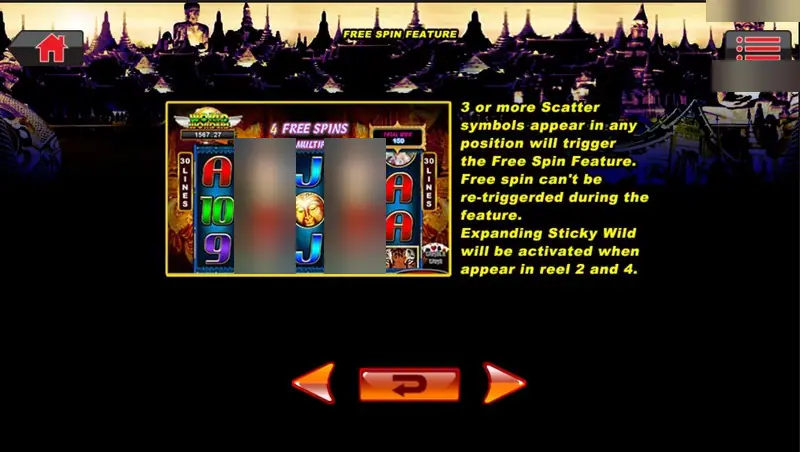 Amazing Thailand free spin feature page: 3 or more scatters trigger free spins, no retrigger, expanding sticky wild on reels 2 and 4