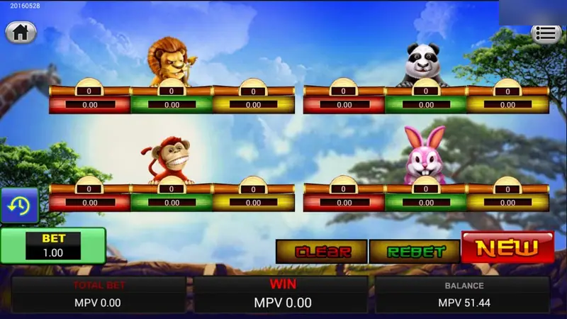 Animal Paradise betting screen with a lion, panda, monkey and rabbit, each above a row of red, green and yellow bet boxes, Bet 1.00 and Clear, Rebet and New buttons