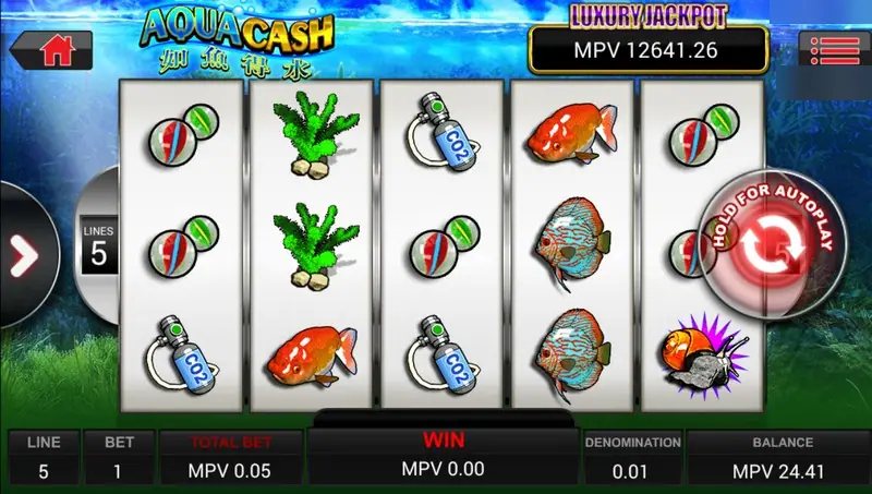 Aqua Cash slot with red and blue tropical fish, marbles, seaweed and a CO2 tank symbol, 5 lines set, and a Luxury Jackpot box reading MPV 12641.26