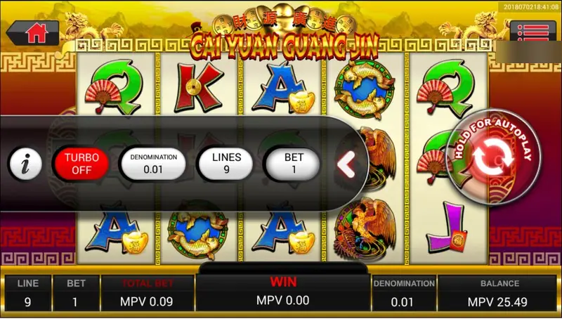 SKY777 slot Cai Yuan Guang Jin with the pop-out bet bar open showing an i button, Turbo off, Denomination 0.01, Lines 9 and Bet 1, above a bottom bar with Line, Bet, Total Bet, Win and Balance