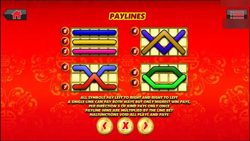 Cai Yuan Guang Jin paylines page with 9 coloured lines, noting that all symbols pay left to right and right to left, highest win per line only