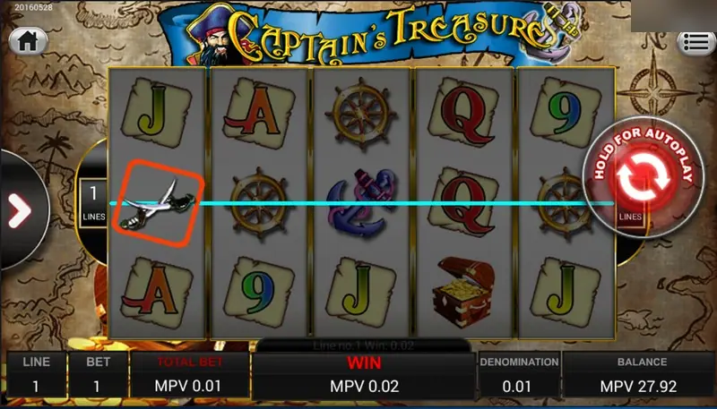 Captain's Treasure with one line active, a single crossed-weapons symbol on reel 1 highlighted and the line drawn across, win MPV 0.02