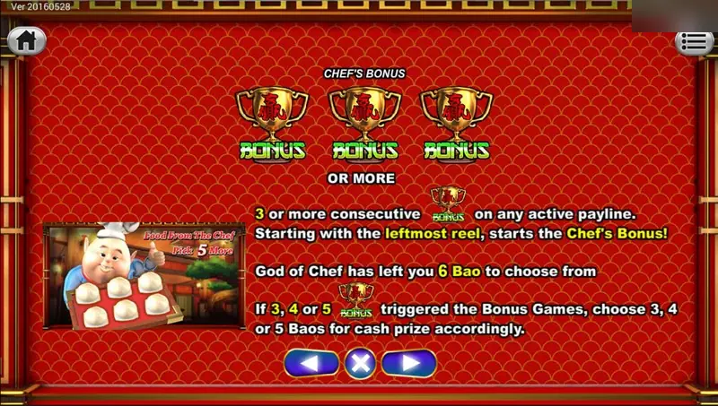 Chef's Bonus page showing three trophy bonus symbols, a chef cartoon beside a basket of six bao, and the rule that 3, 4 or 5 bonus symbols let you choose that many bao