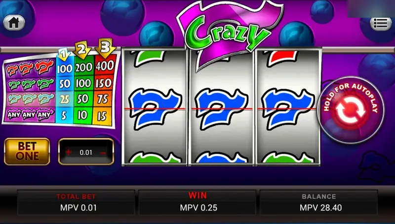 Crazy 7 after three blue sevens on the payline, with the win box showing MPV 0.25 on a 0.01 total bet