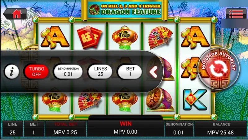 Double Fortune with the pop-out bet bar open showing Turbo off, denomination 0.01, 25 lines and bet 1, and the Dragon Feature banner above the reels