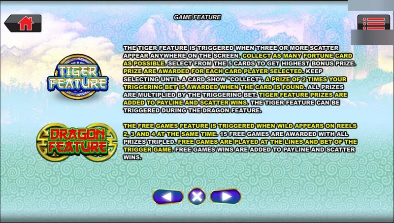 Double Fortune game feature page explaining the Tiger Feature card pick and the Dragon Feature with 15 free games at triple prizes