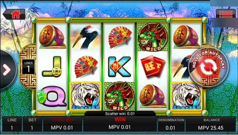 Double Fortune reels with dragon wilds on reels 2, 4 and 5, white tiger scatters, and a scatter win of 0.01 on a 1-line bet