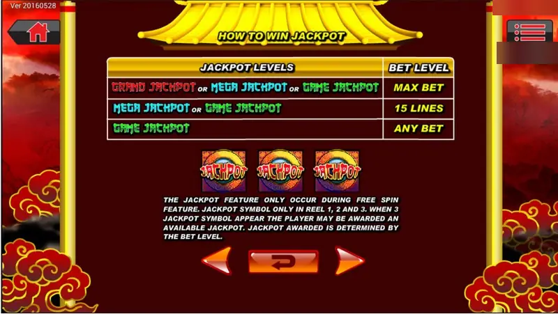 Dragon Gold help page listing jackpot levels: Grand, Mega or Game jackpot at max bet, Mega or Game at 15 lines, Game jackpot at any bet