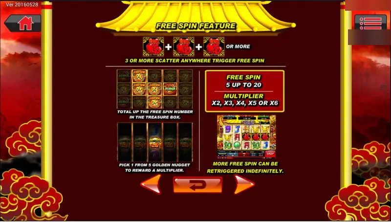 Dragon Gold free spin page: three or more scatters trigger the feature, pick 1 of 3 golden nuggets, 5 up to 20 free spins with x2 to x6 multiplier