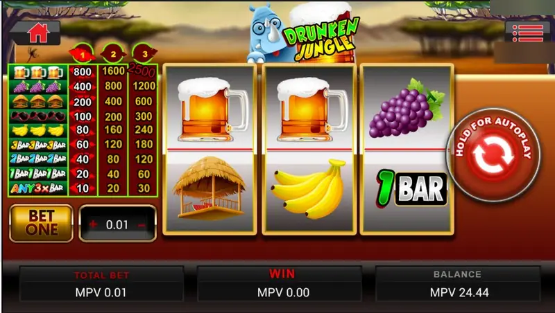 Drunken Jungle slot with three reels showing two beer mugs, grapes, a grass hut, bananas and a 1 BAR symbol, with the paytable on the left and a red Hold for Autoplay button