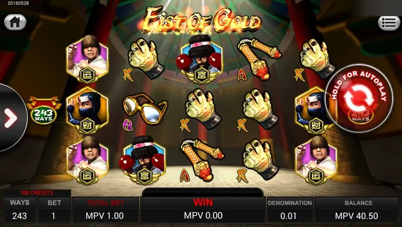 Fist of Gold on SKY777 in a dim dojo, hexagon portraits of a kung fu fighter, a boxer and a ninja, golden gloves, nunchaku and gold glasses on the reels, 243 WAYS