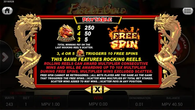 Fist of Gold free spin page: 3, 4 or 5 scatters trigger 10 free spins, rolling reels award a multiplier up to 10x