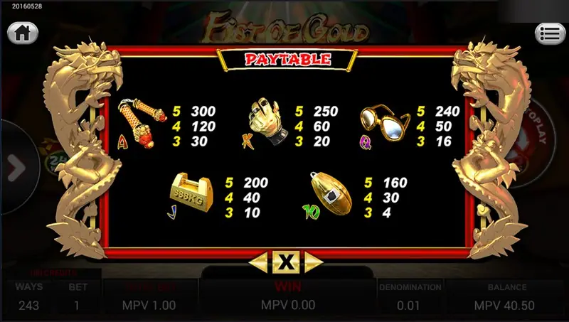 Fist of Gold low symbols: nunchaku, golden glove, glasses, weight and token with their payouts