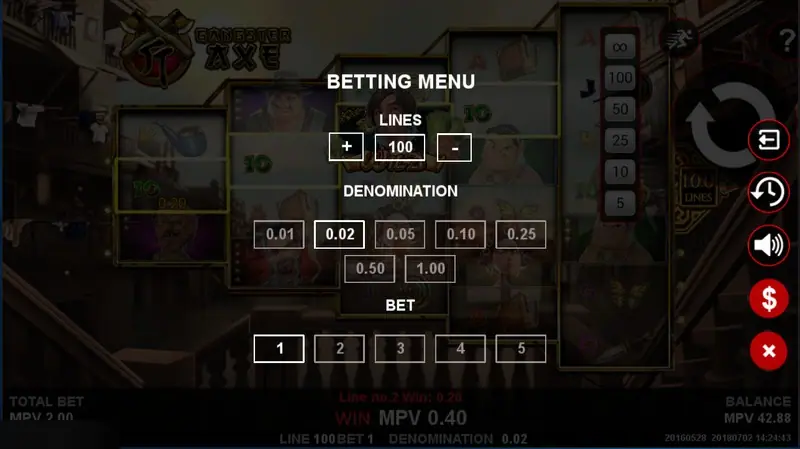 Gangster Axe betting menu on SKY777: LINES 100 with plus and minus, denominations 0.01 to 1.00 with 0.02 selected, BET 1 to 5