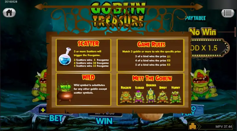 Goblin Treasure rules panel: potion SCATTER gives 5, 10 or 15 free games, cauldron WILD, match 3, 4 or 5 goblins for x1, x2 or x5, and five named goblins