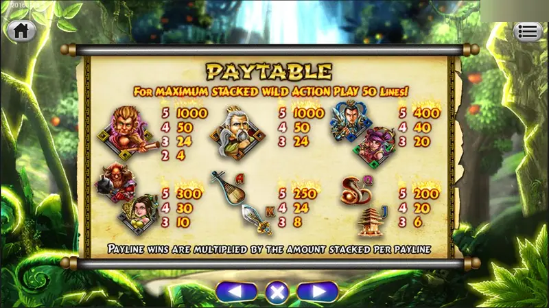 Golden Monkey paytable with warrior portraits, a lute, a sword, a snake and a pagoda, top symbol paying 1000 for five