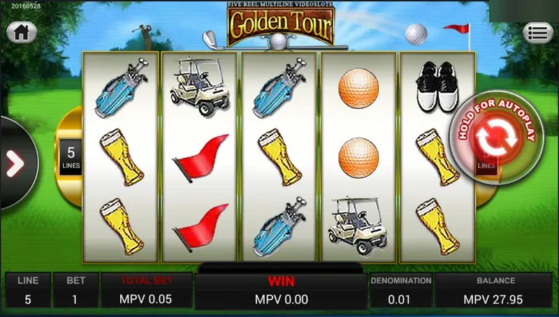 Golden Tour slot on SKY777 with blue golf bags, beer glasses, red flags, orange golf balls, a golf cart and golf shoes on five reels, 5 lines