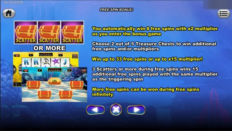 Golden Whale free spin bonus rules: 8 free spins at x2, choose 2 of 5 treasure chests, up to 33 free spins or x15 multiplier