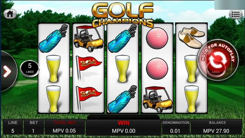 Golf Champions slot on SKY777 with blue caddie bags, a golf cart, red flags, pink golf balls, beer glasses and golf shoes on five reels, 5 lines