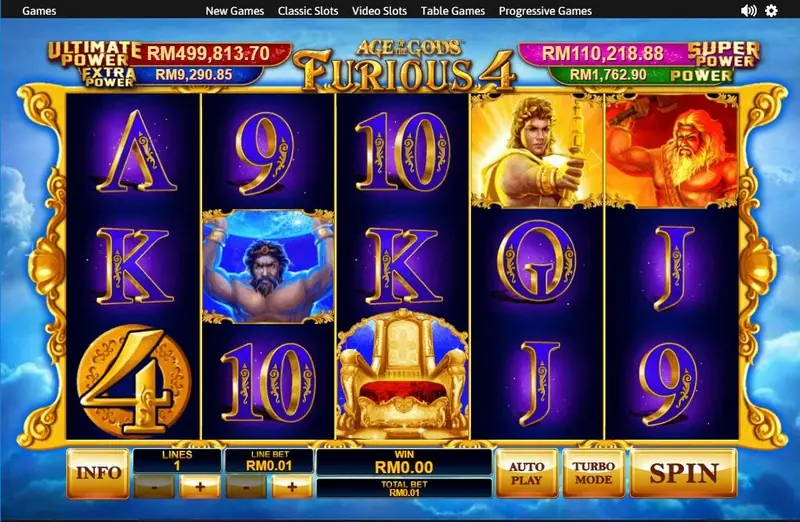 Age of the Gods Furious 4 reels with a gold 4 coin, a Titan lifting the sky, an empty golden throne, a golden archer and a red-bearded fire god, jackpot counters on top, LINES 1, LINE BET RM0.01