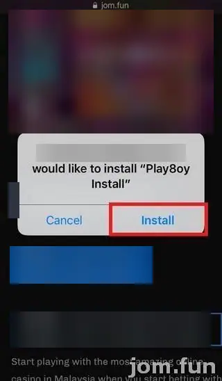 Safari prompt asking to install Play8oy Install, with the Install button outlined in red
