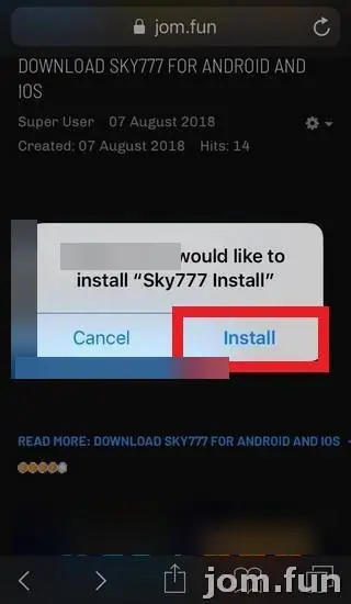 Safari prompt asking to install Sky777 Install, with the Install button outlined in red