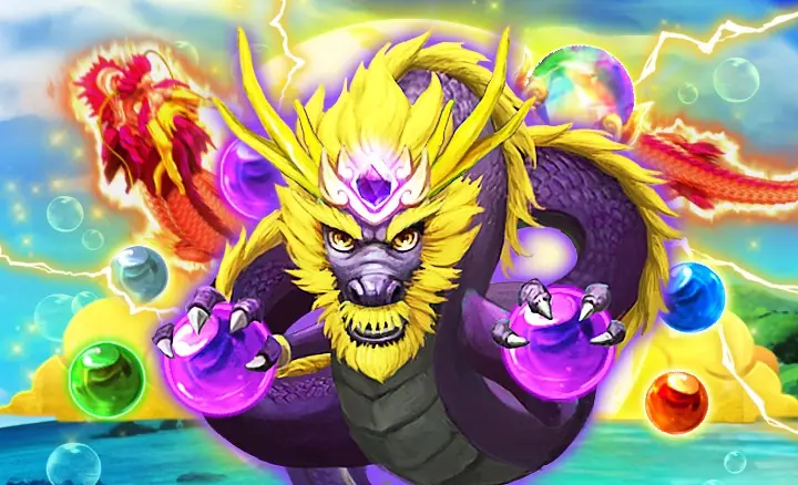JDB game art: a purple dragon with a yellow mane and a jewelled crown gripping glowing purple orbs, with coloured bubbles and a red dragon over the sea behind