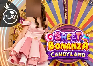 Sweet Bonanza Candyland tile: a presenter in a pink princess-style dress in front of a candy-coloured wheel, with a SUGAR BOMB segment visible