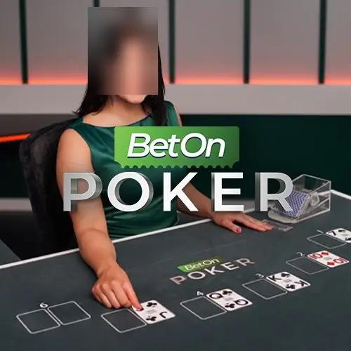 BetOn Poker tile: a dealer in a green dress pointing at card boxes on a grey table, boxes numbered up to 6 with cards dealt face up