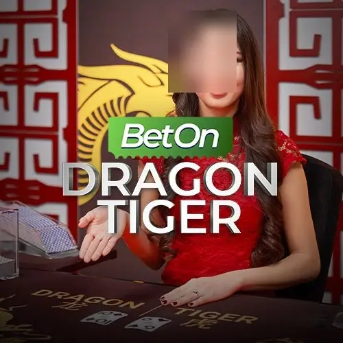 BetOn Dragon Tiger tile: a dealer in a red lace dress at a table marked DRAGON and TIGER with Chinese characters, a card shoe on the left and a gold dragon emblem behind