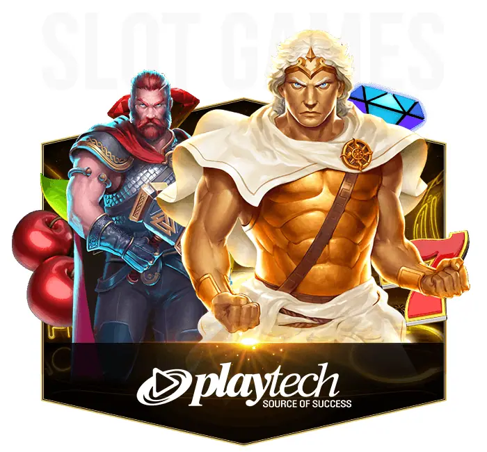 Playtech promo art with SLOT GAMES in grey letters, a white-haired hero in a gold headband and white cape, a red-bearded warrior, cherries and a blue gem above the Playtech logo