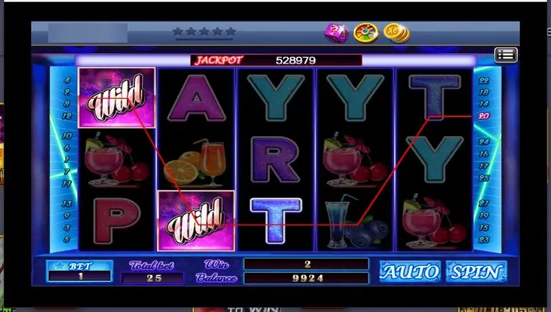 Cocktail Party: letters P, A, R, T, Y and cocktail glasses on dark neon reels with two Wild symbols and a jackpot of 528979