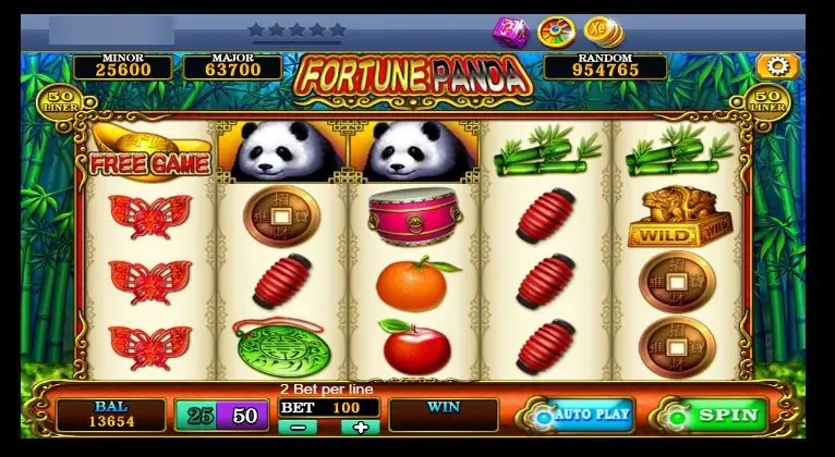 Fortune Panda: pandas, red lanterns, butterflies, coins and fruit on five reels, with 25 and 50 line toggles and MINOR, MAJOR, RANDOM counters