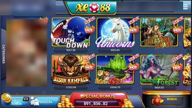 XE88 home lobby with tiles for Touch Down, Unicorns, Treasure Chase, Bison Rampage, Oz and Ancient Forest, NEW and HOT badges, a Special Bonus counter at 891,856.82 and Daily Bonus and Social buttons